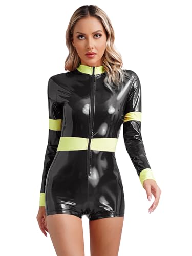 LiiYii Damen Feuerwehr Kostüm Feuerwehrmann Anzug Metallic Body Overall Glänzend Lack-Optik Bodysuit Kurz Jumpsuit Rave GOGO Clubwear Schwarz 3XL von LiiYii