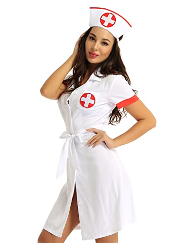 LiiYii Damen Krankenschwester Kostüm Nurse Costume Sexy Minikleid Faltenkleid + Stirnband Haarband Bandeau Top Halloween Karneval Fasching Party Outfit Weiß C S von LiiYii