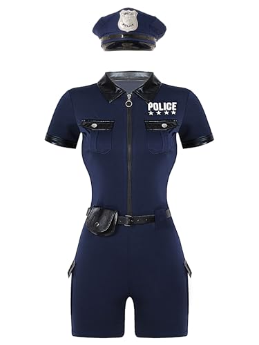 LiiYii Damen Polizistin Kostüm Polizei Unifrom Cop Outfits Halloween Mottoparty Bekleidung Set Fasnacht Mottoparty Jumpsuit Navy blau 3XL von LiiYii