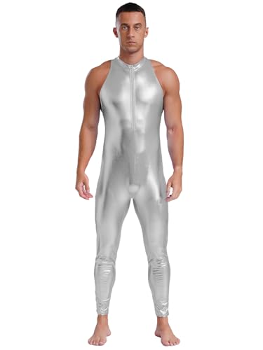 LiiYii Herren Metallic Overall Ärmellose Ganzkörperanzug Rückenfrei Bodysuit Glänzende Body Einteiler Jumpsuit Cosplay Disco Faschingskostüm Silber 3XL von LiiYii