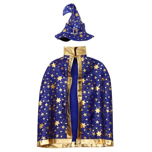 LiiYii Kinder Halloween Kostüm Hexe Zauberer Umhang mit Hut Halloween Hexe Umhang Cape für Halloween Karneval Cosplay Party Outfits Blau Einheitsgröße von LiiYii