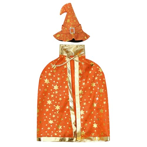 LiiYii Kinder Halloween Kostüm Hexe Zauberer Umhang mit Hut Halloween Hexe Umhang Cape für Halloween Karneval Cosplay Party Outfits Orange Einheitsgröße von LiiYii