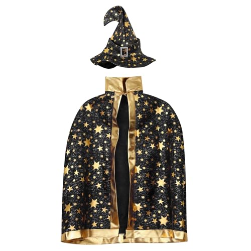 LiiYii Kinder Halloween Kostüm Hexe Zauberer Umhang mit Hut Halloween Hexe Umhang Cape für Halloween Karneval Cosplay Party Outfits Schwarz Einheitsgröße von LiiYii