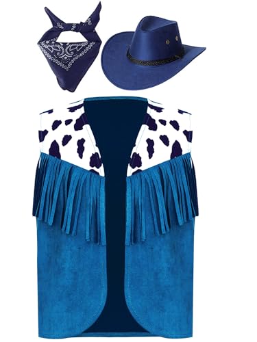 LiiYii Kinder Mädchen Cowboy Kostüm Cowgirl Weste Und Hut Beklediung Set Braun Outfits Halloween Partykleidung Faschingskostüm Blau 110-116 von LiiYii