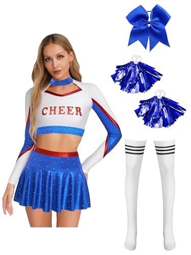 LiiYii Kostüm Für Damen Karneval Oder Sportevent Fancy Dress Up Crop Top Strass Langarm Shirt Mit Minirock Moderner Tanzanzug Königsblau XXL LiiYii Kostüm Für Damen Karneval Oder Sportevent Fancy Dress Up Crop Top Strass Langarm Shirt Mit Minirock Moderner Tanzanzug Königsblau XXL von LiiYii