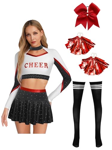 LiiYii Kostüm Für Damen Karneval Oder Sportevent Fancy Dress Up Crop Top Strass Langarm Shirt Mit Minirock Moderner Tanzanzug Rot S LiiYii Kostüm Für Damen Karneval Oder Sportevent Fancy Dress Up Crop Top Strass Langarm Shirt Mit Minirock Moderner Tanzanzug Rot S von LiiYii