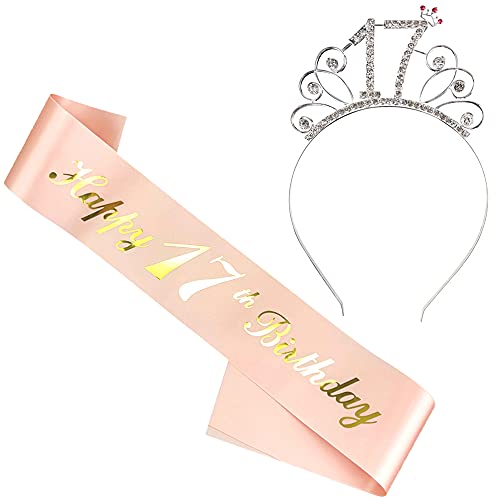 Liitata 17. Geburtstag Schärpe Tiara Set Happy 17 Birthday Geburtstag Schärpe 17. Geburtstags Kristall Tiara Krone für Mädchen Geburtstag Geschenk Party Geburtstagsfeier Deko Accessoires - Rose Gold von Liitata