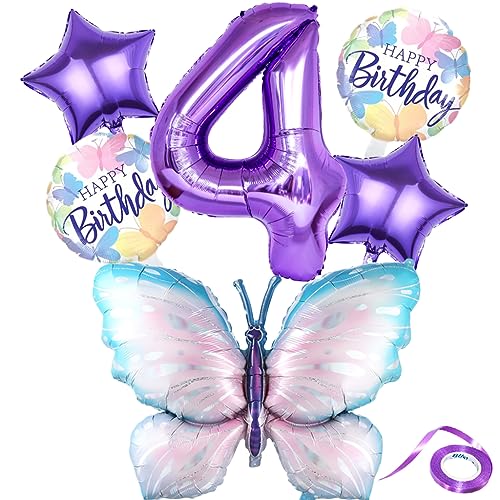 Liitata 4. Schmetterling Geburtstagsdeko Schmetterling Luftballon Set Lila Zahl 4 Folienballon Große Bunte Schmetterling Luftballon Happy Birthday Butterfly Ballon für Mädchen Geburtstag Party von Liitata