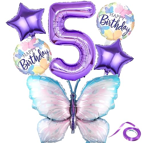 Liitata 5. Schmetterling Geburtstagsdeko Schmetterling Luftballon Set Lila Zahl 5 Folienballon Große Bunte Schmetterling Luftballon Happy Birthday Butterfly Ballon für Mädchen Geburtstag Party von Liitata