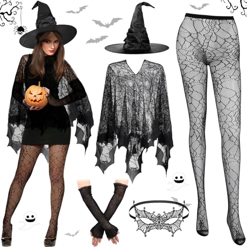 Liitrsh 10-teiliges Halloween-Kostüm für Damen, Hexenhut, Spinnennetz, Poncho, Spinnennetz, Strumpfhose, Augenmaske, Netz-Handschuhe für Damen, Halloween, Party, Maskerade von Liitrsh