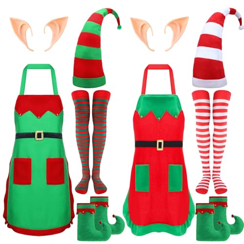 Liitrsh 10-teiliges Weihnachtselfen-Kostüm-Set für Damen und Erwachsene, 2 Stoffschürzen, 2 Samthut, 2 gestreifte Strümpfe, 2 Elfenohren, 2 Elfenschuhe (Farbe 2) von Liitrsh