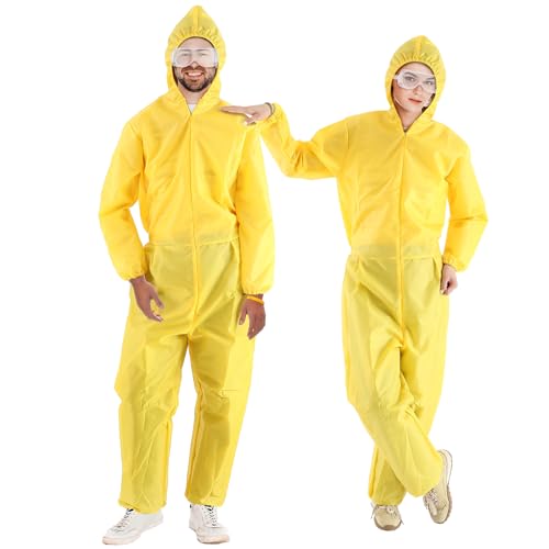 Liitrsh 2 Sets Gelb Hazmat Suit Halloween Kostüm für Erwachsene Männer und Frauen, Standardgröße, inklusive gelber Overall Brille weiße Handschuhe Halloween Party Overall für Halloween Cosplay von Liitrsh