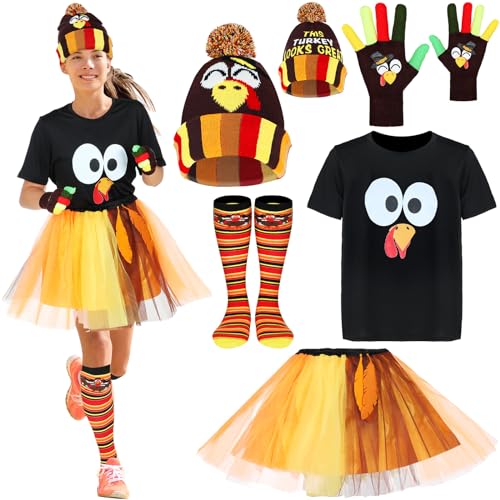 Liitrsh 5 Stück Frauen Thanksgiving Truthahn Kostüm Thanksgiving Tutus Truthahn Beanie Lustiges T-Shirt Truthahn Trot Socken für Urlaub (groß) von Liitrsh