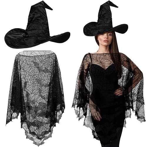 Liitrsh Halloween-Kostüm-Set, Hexenhut für Damen, Fledermäuse, Spinnennetz, Poncho, spitzer Zaubererhut, Spitzen-Umhang, Cosplay-Kostüm, Zubehör für Damen und Herren, Halloween, Party, Maskerade, von Liitrsh