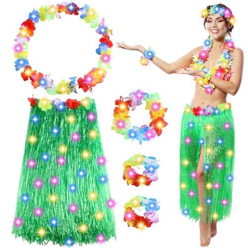 Liitrsh Hawaii Luau Hula-Grasrock mit heller Blume, 80 cm, hawaiianisches elastisches doppellagiges verdicktes Hula-Set für Erwachsene, Damen, grüne Tanzröcke, Party-Kostüm-Set, Luau-Dekorationen, von Liitrsh