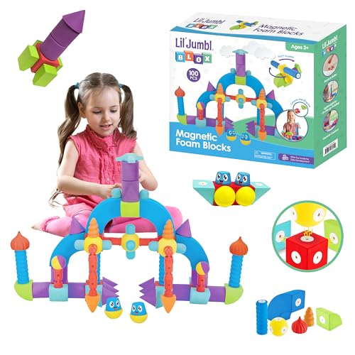 Lil' Jumbl Magnetische Schaumstoffblöcke - STEM Sensorisches Spielzeug für Kleinkinder & Kinder, 100-teiliges Set, Badbausteine & Ingenieurspielzeug für Kinder von 3-6 Jahren von Lil' Jumbl