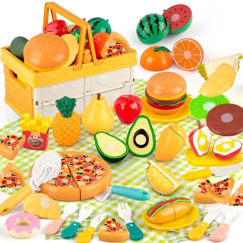 LilKisThk Kinderküche Zubehör, Picknickkorb Spielküche Zubehör Pretend Play Set, Matschküche Outdoor Picknick Set mit Decke, Geschenk für Jungen Mädchen 3 4 5 Jahre von LilKisThk