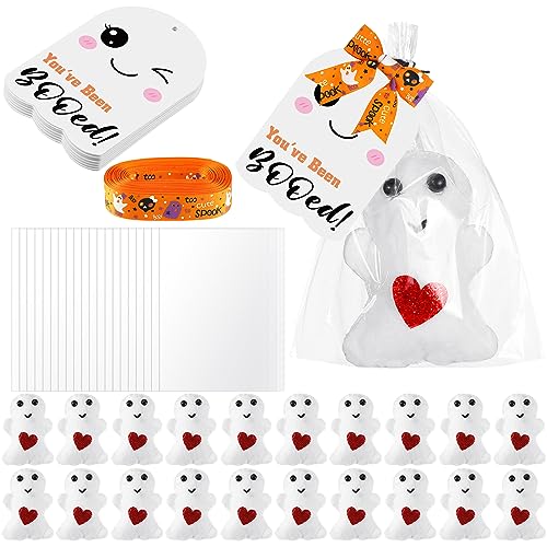 Liliful Halloween-Geister-Sets mit Aufschrift "You've Been Booed", Mini-Geister-Plüschtiere, transparente Geschenktüten und Gruselband, kleine Halloween-Stofftier-Sets für Partyzubehör, Geschenk, 20 von Liliful