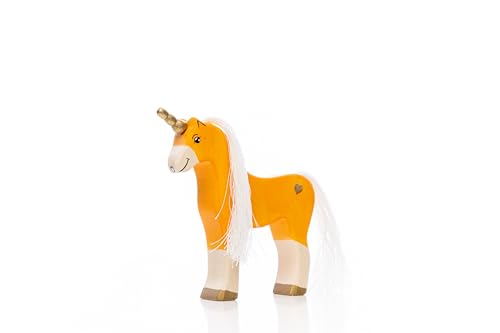 Lilu® Einhorn Fohlen mit leuchtendem Herz, Mähne und Schweif, Fabelwelt Holztiere handbemalt, Holzspielzeug aus FSC®-Holz, EN71 und DEKRA Zertifiziert Spielfigur für Kinder (Orange) von Lilu