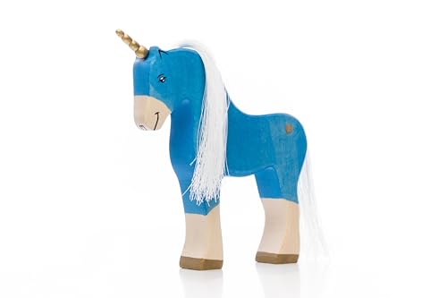 Lilu® Einhorn Hengst mit leuchtendem Herz, Mähne und Schweif, Fabelwelt Holztiere handbemalt, Holzspielzeug aus FSC®-Holz, EN71 und DEKRA Zertifiziert Spielfigur für Kinder (Blau) von Lilu