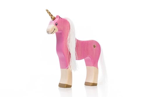 Lilu® Einhorn Stute mit leuchtendem Herz, Mähne und Schweif, Fabelwelt Holztiere handbemalt, Holzspielzeug aus FSC®-Holz, EN71 und DEKRA Zertifiziert Spielfigur für Kinder (Rosa) von Lilu