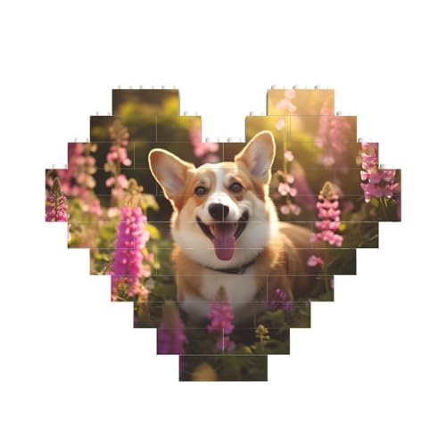 Corgi Blumen-Puzzle mit Blumenmotiv, Frühlingsgarten, Baustein-Puzzle, herzförmig, personalisiertes Geschenk für Männer und Frauen von LimPac