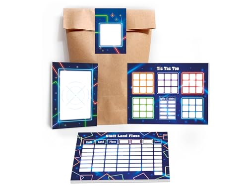 10 Mini-Notizblöcke + 10 Tic Tac Toe A6 + 10 Stadt-Land-Fluss A6 je 25 Blätter + 10 Tüten + 10 Aufkleber Set Gastgeschenk Mitgebsel zum Kindergeburtstag Motto-Party Jungen Jungs Boys Lasertag neon von Limonia