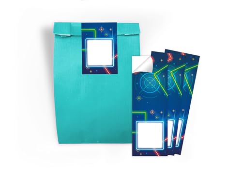 6 Geschenktüten (türkis) + 6 selbstklebende Aufkleber/Sticker A7 Verpackung Mitbringsel Gastgeschenk Mitgebsel zum Kindergeburtstag Motto-Party Jungen Jungs Boys Mädchen Schule Lasertag Lasern neon von Limonia