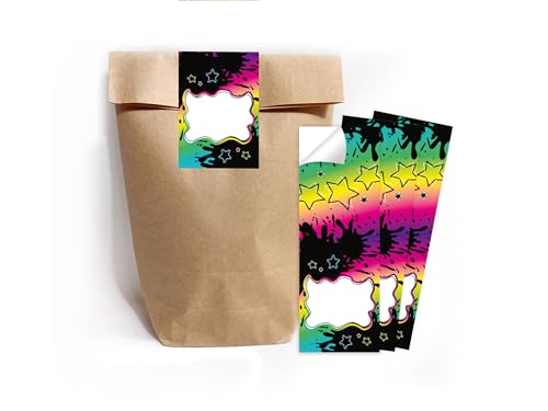 8 Geschenktüten (natur) + 8 selbstklebende Aufkleber/Sticker A7 Verpackung Mitbringsel Gastgeschenk Mitgebsel zum Kindergeburtstag Motto-Party Unisex Teenies Mädels Jungs bunt neon Sterne von Limonia