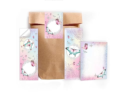 8 Lesezeichen + 8 Mini-Notizblöcke je 25 Blätter A7 + 8 Tüten (natur) + 8 Aufkleber Set Schmetterling Blumen Mitgebsel Mitbringsel Gastgeschenk zum Kindergeburtstag Fest Motto-Party Jungen Mädchen von Limonia