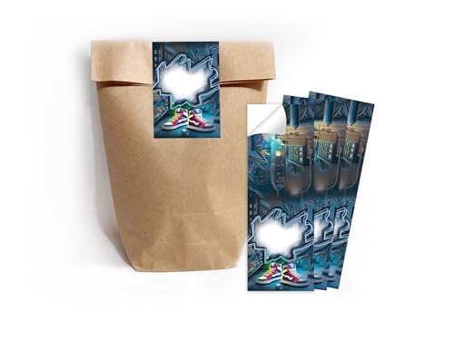 Limonia 10 Geschenktüten (Natur) + 10 Selbstklebende Aufkleber/Sticker A7 Verpackung Mitbringsel Gastgeschenk Mitgebsel zum Kindergeburtstag Motto-Party Unisex Teenies Mädels Jungs Graffiti von Limonia