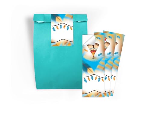 Limonia 12 Geschenktüten + 12 Selbstklebende Aufkleber/Sticker A7 Verpackung Mitbringsel Gastgeschenk Mitgebsel zum Kindergeburtstag Party Unisex Teenies Mädels Jungs Indianer Federn Tipi Kanu von Limonia