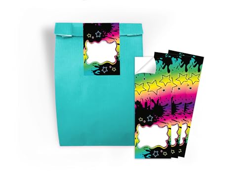 Limonia 12 Geschenktüten + 12 Selbstklebende Aufkleber/Sticker A7 Verpackung Mitbringsel Gastgeschenk Mitgebsel zum Kindergeburtstag Party Unisex Teenies Mädels Jungs bunt neon modern abstrakt Sterne von Limonia