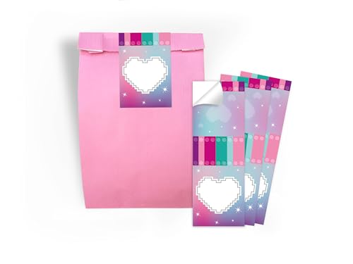 Limonia 8 Geschenktüten + 8 Selbstklebende Aufkleber/Sticker A7 Verpackung Mitbringsel Gastgeschenk Mitgebsel zum Kindergeburtstag Motto-Party Girls Party Mädchen Schule Bausteine Bauklötze Herz von Limonia