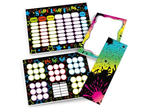 Set 1 Tic Tac Toe + 1 Stadt Land Fluss + 1 Mini-Notizblock je 25 Blätter + 6 Lesezeichen Papierspiel Mitgebsel Mitbringsel Gastgeschenk zum Kindergeburtstag Fest Teenies Mädels Jungs bunt neon Sterne von Limonia