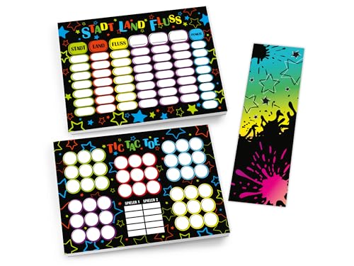 Set 1 Tic Tac Toe + 1 Stadt Land Fluss je 25 Blätter + 6 Lesezeichen Papierspiel Mitgebsel Mitbringsel Gastgeschenk zum Kindergeburtstag Fest Motto-Party Reise Teenies Mädels Jungs bunt neon Sterne von Limonia