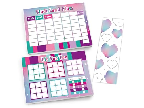 Set 1 Tic Tac Toe + 1 Stadt Land Fluss je 25 Blätter + 6 Lesezeichen Papierspiel Mitgebsel Mitbringsel Gastgeschenk zum Kindergeburtstag Fest Motto-Party Reise für Teens Mädchen Bausteine Bauklötze von Limonia