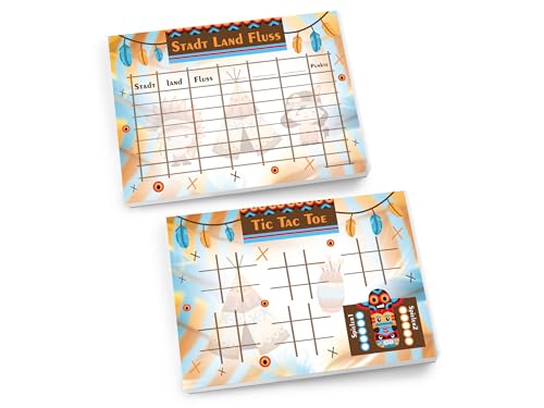 Set 1 Tic Tac Toe + 1 Stadt Land Fluss je 25 Blätter Papierspiel Mitgebsel Mitbringsel Gastgeschenk zum Kindergeburtstag Fest Motto-Party Reise Unisex Teenies Mädels Jungs Indianer Federn Abenteuer von Limonia