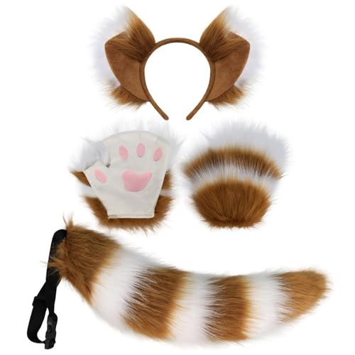 3-teiliges Fuchs-Kostüm-Set mit Stirnband, Schwanz, Handschuhen, Tierkostüm, Zubehör für Kinder, Erwachsene, Halloween, Cosplay von Limtula