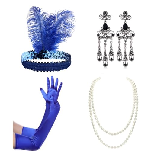 Limtula 1 Set 1920er-Jahre-Feder-Haarreifen mit Ohrringen, Perlenkette und Handschuhen, Halloween, Cosplay, Abschlussball, Partyzubehör für Damen von Limtula