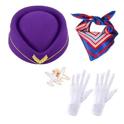 Limtula 4-teiliges Damen-Kostüm für Flugbegleiter, Stewardess-Outfits mit Bellhop-Hut, Schal, Handschuhe, Flugzeugnadel-Set von Limtula