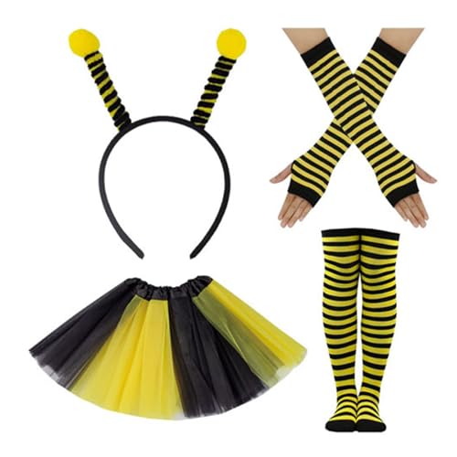 Limtula 4-teiliges Halloween-Bienen-Kostüm für Damen, Cosplay-Party, inklusive Stirnbändern, gestreifter Strumpf und langen Handschuhen von Limtula