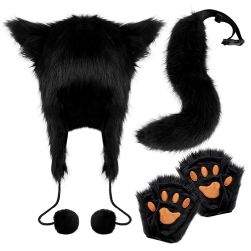 Limtula Fuchs Kostüm Set Tierhut Pelzhandschuhe Tierschwanz Halloween Kostüm Set Plüsch Hut Füchse Schwanz für Karneval von Limtula