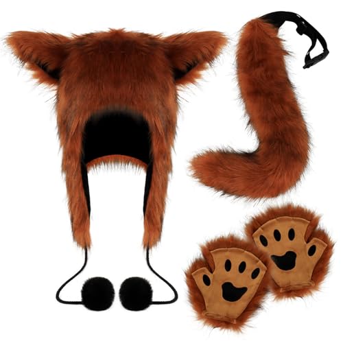 Limtula Fuchs Kostüm Set Tierhut Pelzhandschuhe Tierschwanz Halloween Kostüm Set Plüsch Hut Füchse Schwanz für Karneval von Limtula