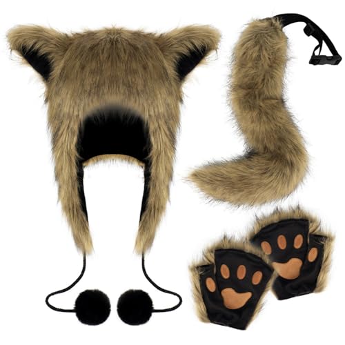 Limtula Fuchs Kostüm Set Tierhut Pelzhandschuhe Tierschwanz Halloween Kostüm Set Plüsch Hut Füchse Schwanz für Karneval von Limtula