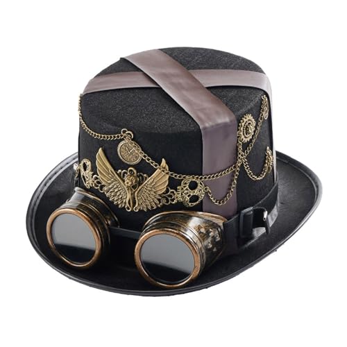 Limtula Steampunks Zylinderhut Unisex Vlies Viktorianer Hut mit Brille Unisex Kostüm Hut Rollenspiel Hippies Hut Halloween Kopfbedeckung Party Hut für Cosplay von Limtula