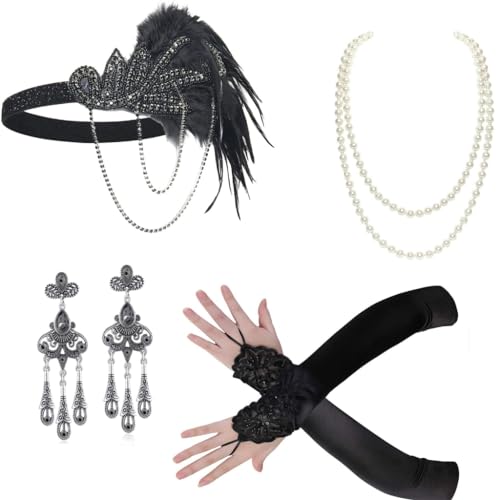 Limtula Weibliches Flapper-Kostüm GatsbyParty Stirnband Halskette Ohrringe Handschuhe 1920er Jahre Vintage Cosplay Party Kostüm Zubehör Set von Limtula