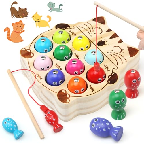 LinStyle Spiele für Kinder 2 Jahre, Angelspiele, Montessori magnetische Angelspiele aus Holz mit 10 Fischen und zwei Angelruten, Geschenk für Kinder für 2 3 4 5 Jahre von LinStyle