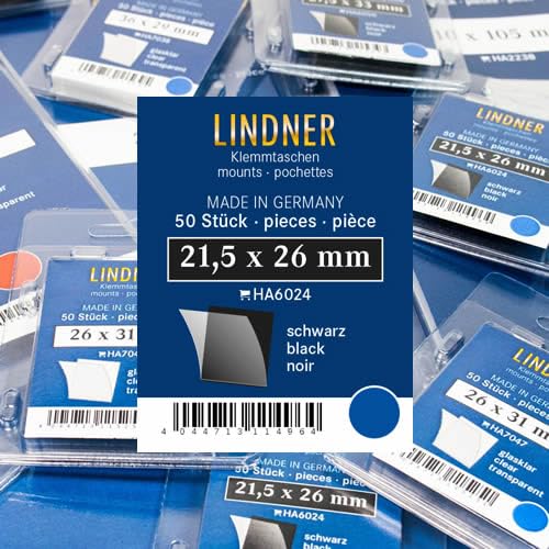 Lindner Klemmtaschen-Zuschnitte, 50 Stück, in 2 Farben und 59 Verschiedene Größen für die gebräuchlichsten Briefmarkenformate zur Auswahl (21,5 x 26 mm *, Schwarz) von Lindner