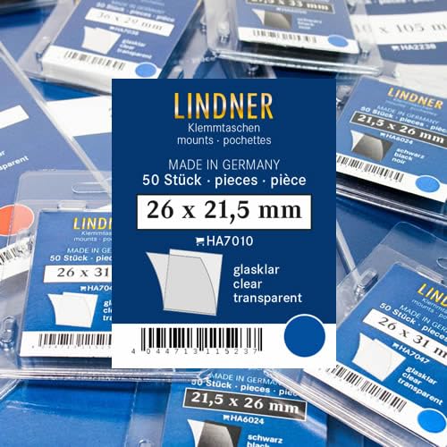 Lindner Klemmtaschen-Zuschnitte, 50 Stück, in 2 Farben und 59 Verschiedene Größen für die gebräuchlichsten Briefmarkenformate zur Auswahl (26 x 21,5 mm *, Glasklar) von Lindner